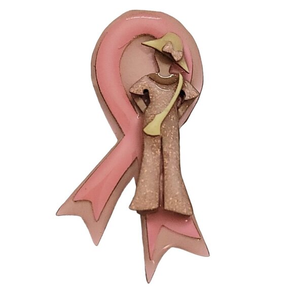 Lucinda Jewelry - Lucinda Breast Cancer Awareness Pink Ribbon Glitter Woman Lady In Hat Brooch L34